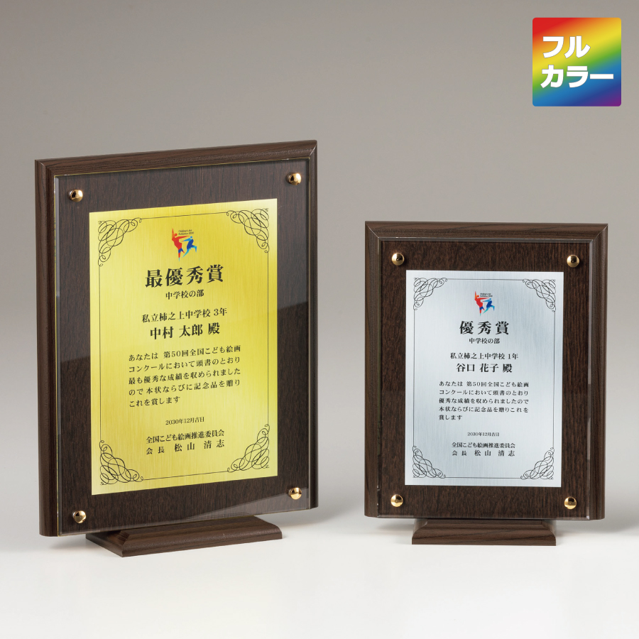 トロフィー制作｜幾何デザイン 木製×アクリル｜受賞記念・展示用 木製楯 アクリルプレート付 単色カラー印刷 VOP.623 Bサイズ